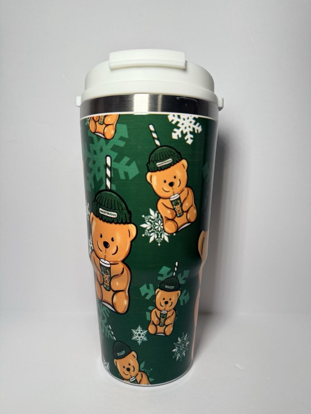 Frost Buddy BEAR WITH ME To Go Buddy Cup Insulator Tumbler GREEN BEANIE BEAR NIB
